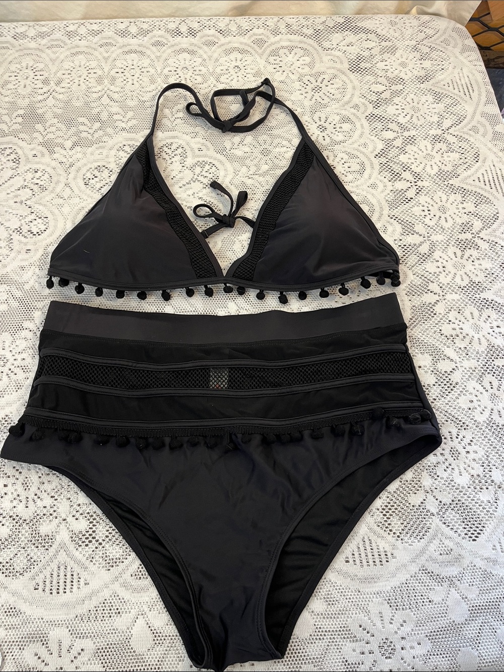 Black High-Waist Pom Trim Bikini XL